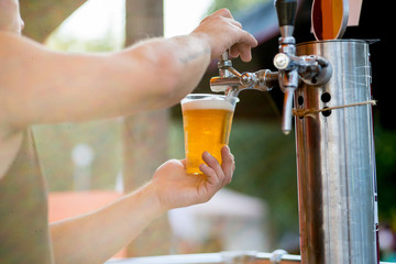 beer is poured into a glass from a tap. The bartender pours beer into a plastic glass
