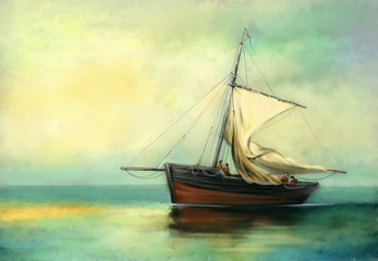 Paintings landscape, old sailing ship on the sea. Fine art