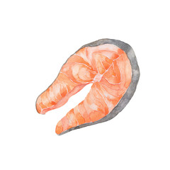Piece of fresh salmon fish isolated on white background. Hand drawn watercolor illustration.