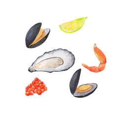 Set of fresh mussels, shrimps, caviar, oyster and lemon slice isolated on white background. Hand drawn watercolor illustration.