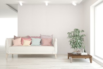 Stylish room in white color with sofa. Scandinavian interior design. 3D illustration