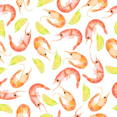 Seamless pattern with fresh pink shrimps and lemon slice on white background. Hand drawn watercolor illustration.