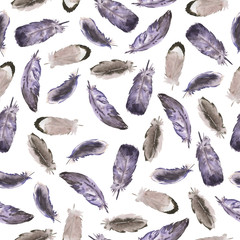 Seamless pattern with grey and violet wild bird feathers on white background. Hand drawn watercolor illustration.