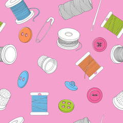 Seamless pattern with sewing accessories on a pink background.