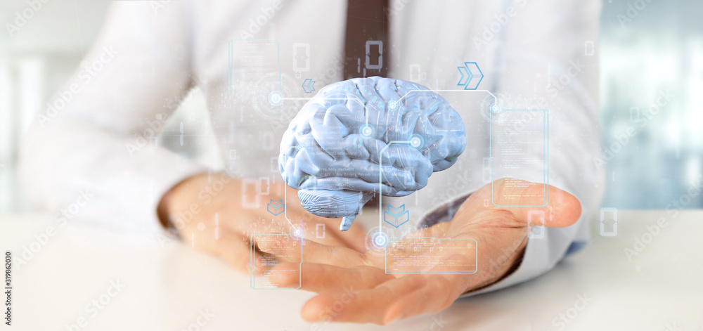 Aufkleber businessman holding a intelligence artificial brain with data - 3d rendering