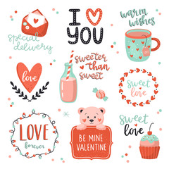 Beautiful love stickers with Valentines day elements and romantic lettering.