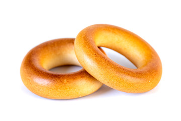 Small dry bagels, small rolls on a white background