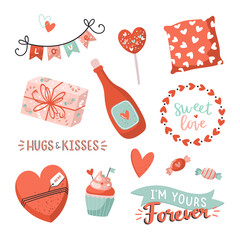 Cute love stickers with Valentines day elements and romantic topography.