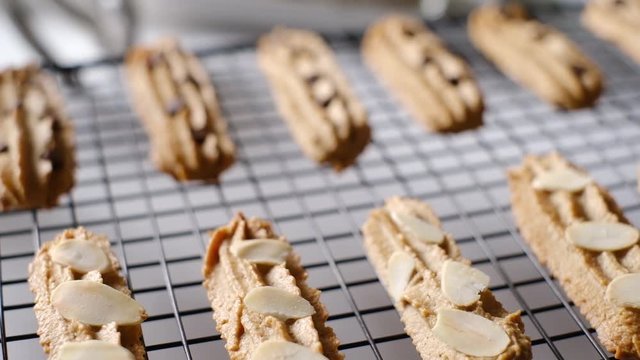 almond stick cookies decoration with almond slide and chocolate chip