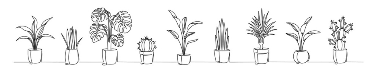 Set of continuous one line drawing of a flowers in a pots - obrazy, fototapety, plakaty