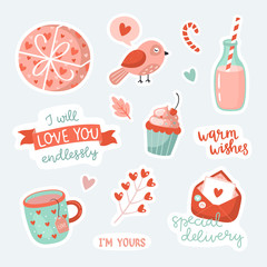 Cute love stickers with Valentines day elements and romantic topography.
