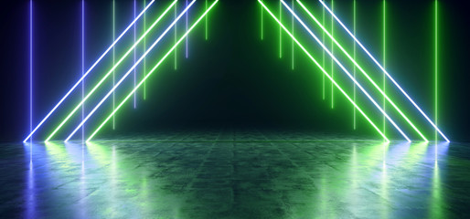 Laser Cyber Neon Glowing Pantone Green Blue Retro Sci Fi Futuristic Stage Showroom Concrete Reflective Grunge Garage Underground Hall Corridor 3D Rendering