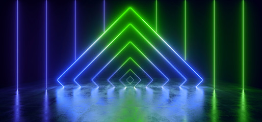 Laser Cyber Neon Glowing Pantone Green Blue Retro Sci Fi Futuristic Stage Showroom Concrete Reflective Grunge Garage Underground Hall Corridor 3D Rendering
