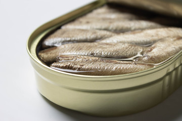 Open sprats can on white background close up