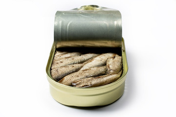 Open sprats can on white background close up