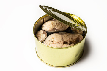 Canned fish in an iron can on white background