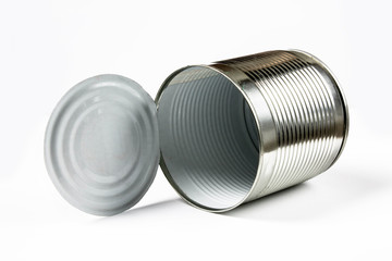 Empty tin can close up on a white background