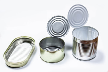 Empty tin cans close up on a white background