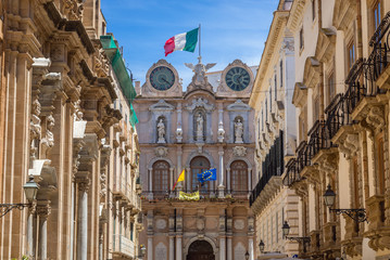 Front facade of Cavarretta palace in Trapani, capital of Trapani Province on Sicily Island in Italy