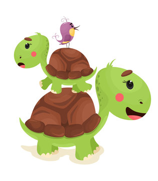 Pyramid from cute turtles and birds. Vector animal isolate in cartoon flat style. White background.