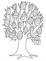Easter mood decorated tree coloring page for kids and adults. Garden tree with Easter eggs and birdhouses on branches. Spring festival garden picnic tree stock vector illustration. One of a series.