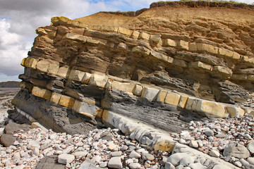 Kilve beach near East Quantoxhead in Somerset, England. The huge exposed layers of rock date back to the Jurassic era and are a paradise for fossil hunters