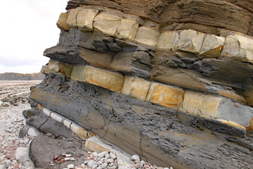 Kilve beach near East Quantoxhead in Somerset, England. The huge exposed layers of rock date back to the Jurassic era and are a paradise for fossil hunters
