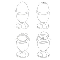 Vector drawing, set of eggs on a stand, arable land. Whole egg, broken, yolk in shell, .outline, contour, coloring for children.