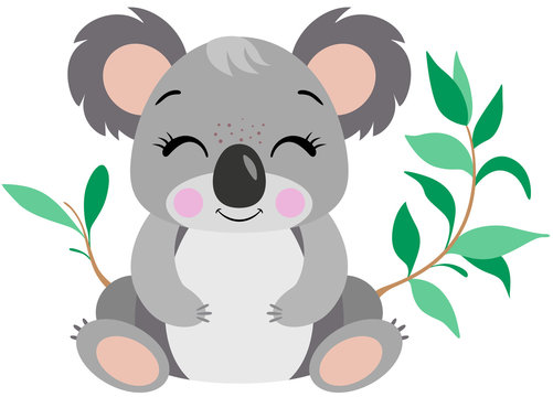 cute gray koala smiling with green leaves clip art preview