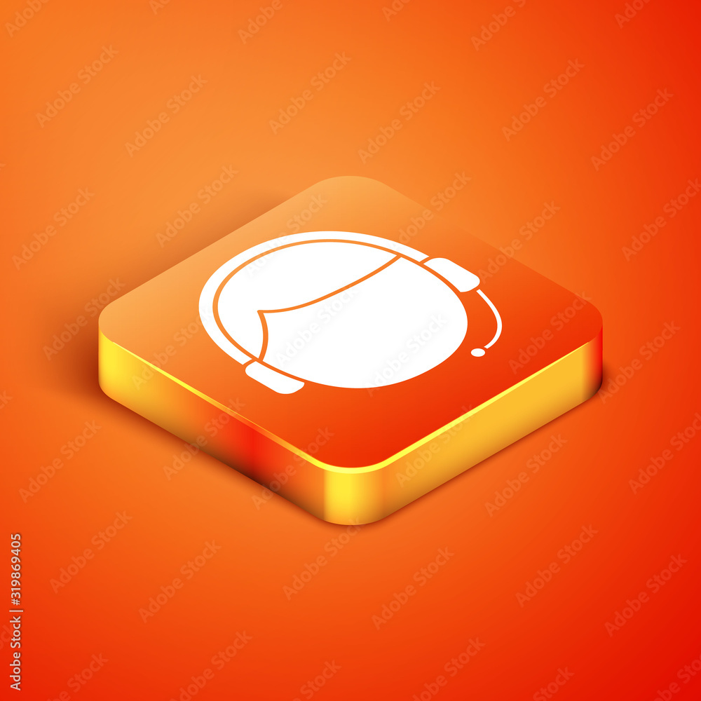 Poster isometric man with a headset icon isolated on orange background. support operator in touch. concept 