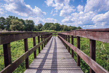 Fototapeta na wymiar Wooden pathway for tourists in Narew National Park, close to the park authorities headquarters in Kurowo village, Poland