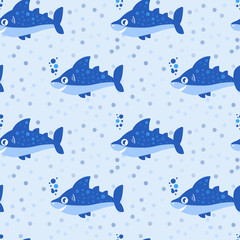 Seamless shark pattern in cartoon style. Sea, ocean theme vector illustration for kids