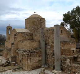 Medieval church Agia Kyriaki, columns, pillars and ruins of early Christian basilica, Paphos, Cyprus