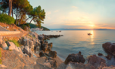 sunset scenery adriatic coast, moscenicka draga in warm evening light, croatian landscape