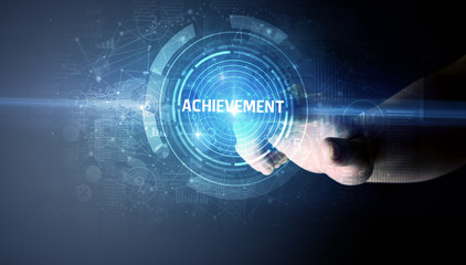 Hand touching ACHIEVEMENT button, modern business technology concept