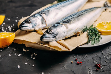 Mackerel with spices and herbs on a plate, fish still life on a dark background, assorted peppers, garlic, lemon, cherry tomatoes, dill
