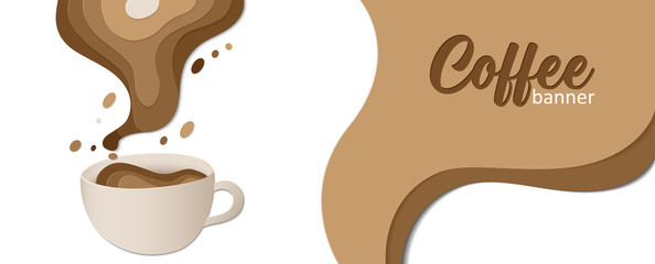 Sample of horizontal banner with a cup of coffee in paper cut style for shops, cafes or restaurants. Templates for menu, card, banner, poster, flyers. Vector stock illustration.