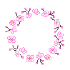 Blooming pink sakura branch with flowers and buds, pixel art round frame isolated on white.8 bit Japan nature symbol.Old school vintage retro slot machine/video game graphics.Cherry blossom decor.