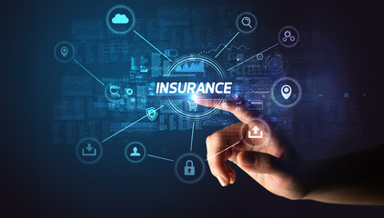 Hand touching INSURANCE inscription, Cybersecurity concept