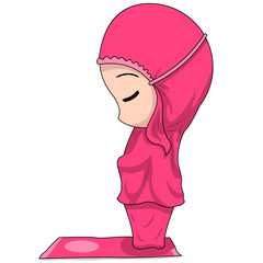 The standing pose looks beside the prayer in Islam. cute Muslim children's cartoon. cartoon Children's daily fun activity. Vector Female Cartoon Character.