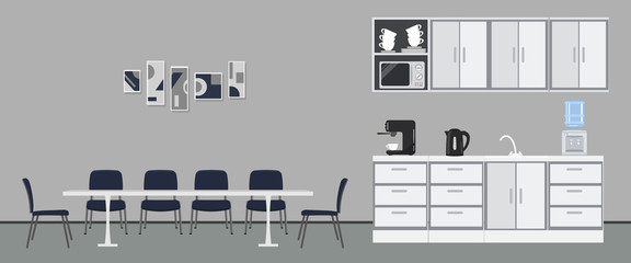 Office kitchen. Dining room in office. There are kitchen cabinets, a table, blue chairs, microwave, kettle and coffee machine in the image. There are abstract pictures on the wall. Vector illustration