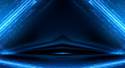 Abstract blue neon background. Rays and lines, abstract light.