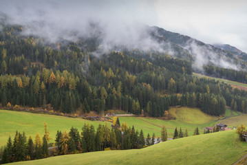 Typical scenery of Trentino Alto Adige South Tyrol in Italy in Dolomites Alps region during autumn with foliage and myst