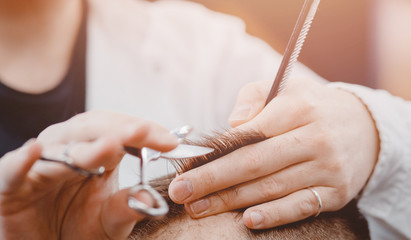 Barber shop concept, male hairdresser cutting hair with scissors, brown tinting with light sun