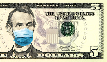 Coronavirus Wuhan Sars illness. Concept for quarantine in the United States. 5 dollar banknote...