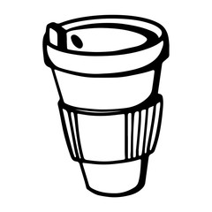 Digital illustration contour black hand-made reusable cup of coffee with itself. Print for banners, posters, cards, fabrics, invitations, cafes.