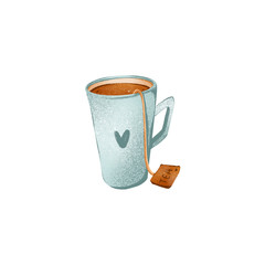 Digital illustration of a cute textural blue cup with a heart a tea bag with a label. Print for banners, posters, cards, fabrics, invitations, cafes, stickers, web.
