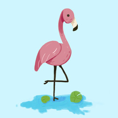 A bright postcard with pink flamingo standing on one paw in the pond
