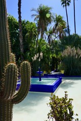 Famous garden with cactus and blue fountain, from famous fashion designer (YSL) in Marrakech, Morocco, Africa