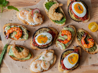 food, sandwiches with shrimp, egg, herbs, serving example